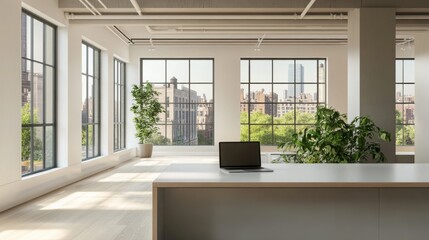 Fototapeta premium Modern office with minimalist desk, laptop, and plant, cityscape backdrop, soft daylight, professional and inviting ambiance.