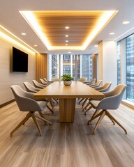 Fototapeta premium Modern conference room with elegant decor, featuring a long wooden table and stylish gray chairs.