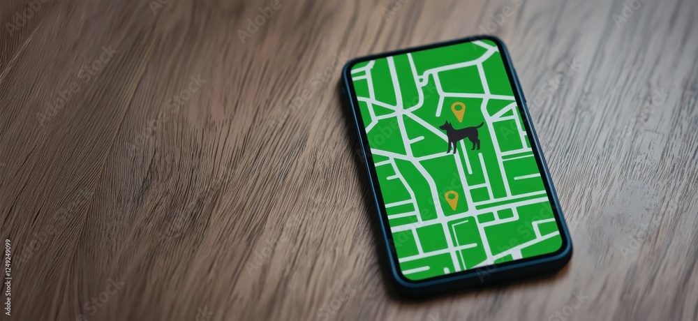 Poster smartphone displaying a map on wooden surface