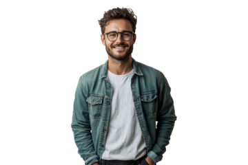 Smiling man with hands in pockets isolated on white background