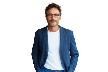 Smiling businessman with hands in pockets isolated on white background