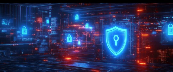 Cybersecurity and Data Protection in a Futuristic Digital Landscape with Glowing Padlocks and Shield Icon
