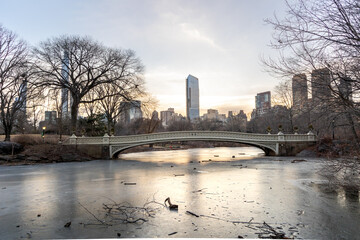 Central Park in Manhattan, NYC in winter shows a frozen lake under a cloudy sky with a stunning view of the skyline and the Bow Bridge, a historical bridge.
