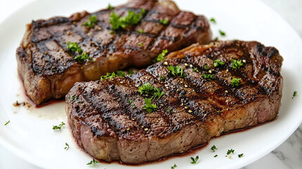 Grilled ribeye beef steak garnished with red wine and seasonings. Top-down view with space for text