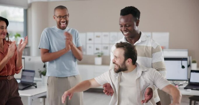 Business people, game and team building with trust fall for support, coordination or development at office. Group, employees or playing with applause for communication, collaboration or work exercise