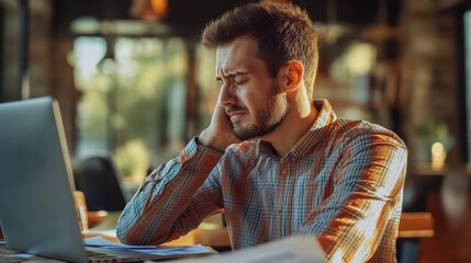 stressed office worker rubbing their neck while sitting at desk, surrounded by paperwork and laptop. expression conveys frustration and fatigue in modern workspace
