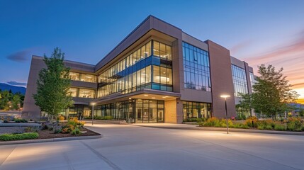 Office building glowing in golden dusk light, framed by urban skyline, evoking a sense of modern ambition and quiet reflection.