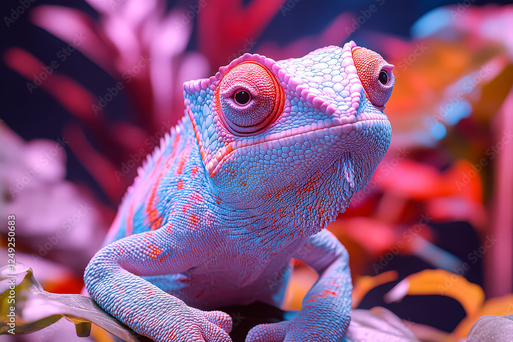 Poster colorful lizard with a blue and orange pattern on its face is sitting on a leaf. the lizard's eyes a