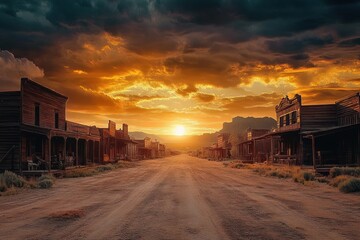 Deserted Old Western Town at Sunset with Vintage Architecture and Dusty Streets