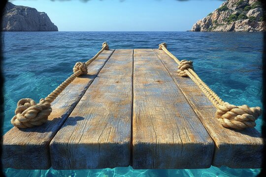 Beautiful wooden dock extending into clear blue waters in a tranquil coastal location on a sunny day