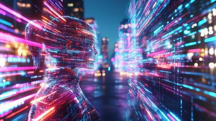 Digital silhouette with vibrant light trails amidst a futuristic cityscape at night