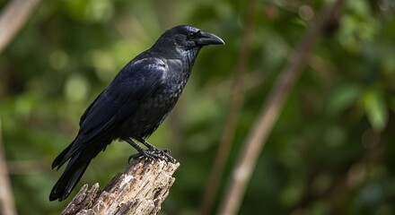 Fototapeta premium A black crow perches alertly on a weathered wooden stump