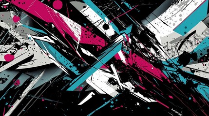 Abstract chaotic graffiti art with pink, teal, and grey strokes on black background.
