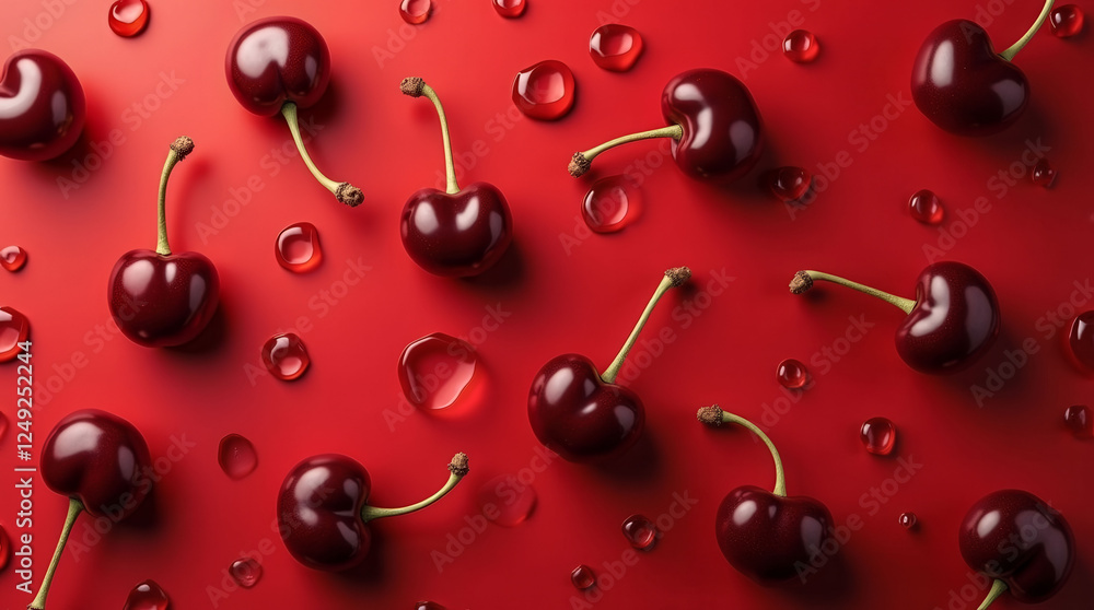 Poster a bunch of red cherries are arranged in a pattern on a red background. the cherries are all differen