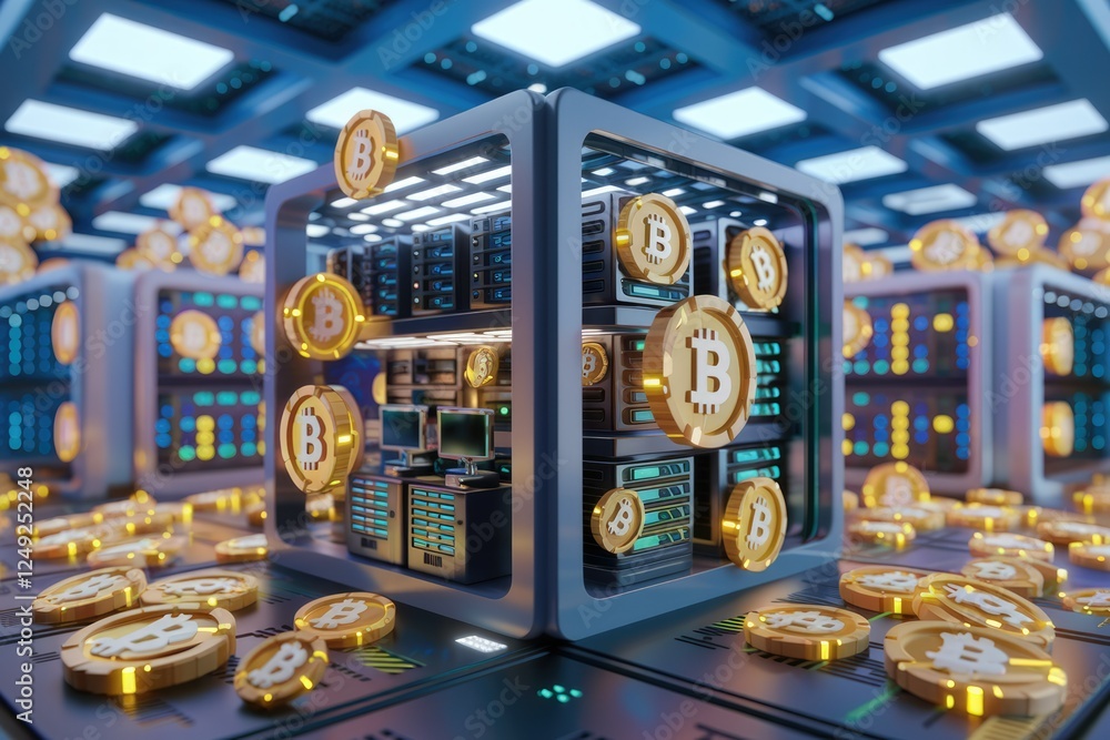 Aufkleber Bitcoin mining data center with numerous servers and golden Bitcoin cryptocurrency tokens.