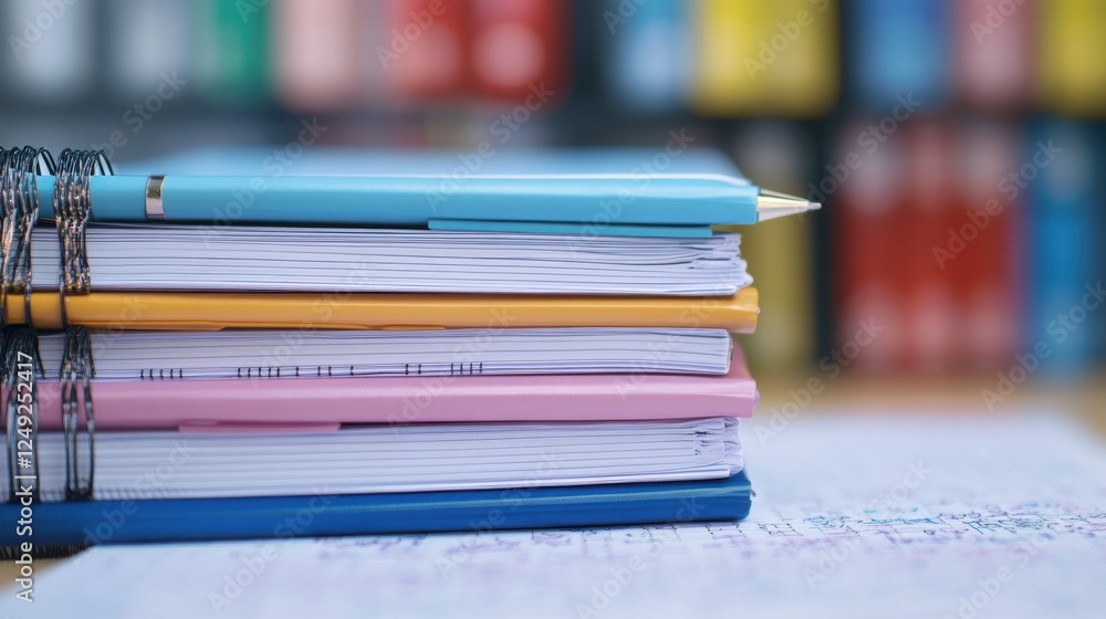 Aufkleber stacked colorful notebooks and stationery items on a desk with blurred library background