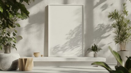 Fototapeta premium minimalist white room interior with plants and blank canvas