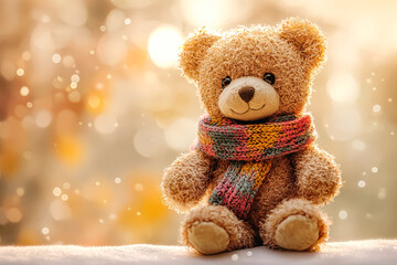 Obraz premium Teddy bear is sitting on a snowy surface with a colorful scarf wrapped around its neck. Concept of warmth and comfort, as the teddy bear is dressed for the cold weather