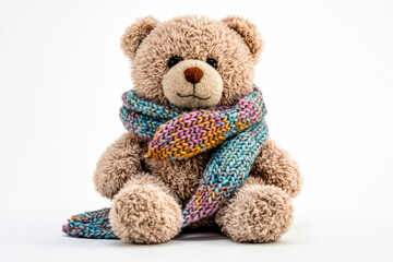 Obraz premium Teddy bear is wearing a knit scarf. The bear is sitting on a white background. The scarf is colorful and has a pattern. The bear looks cozy and warm, as if it's ready for a cold day