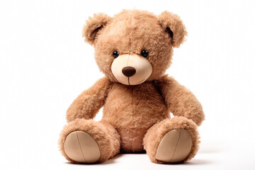 Obraz premium Teddy bear is sitting on a white background. The bear is brown and has a cute expression