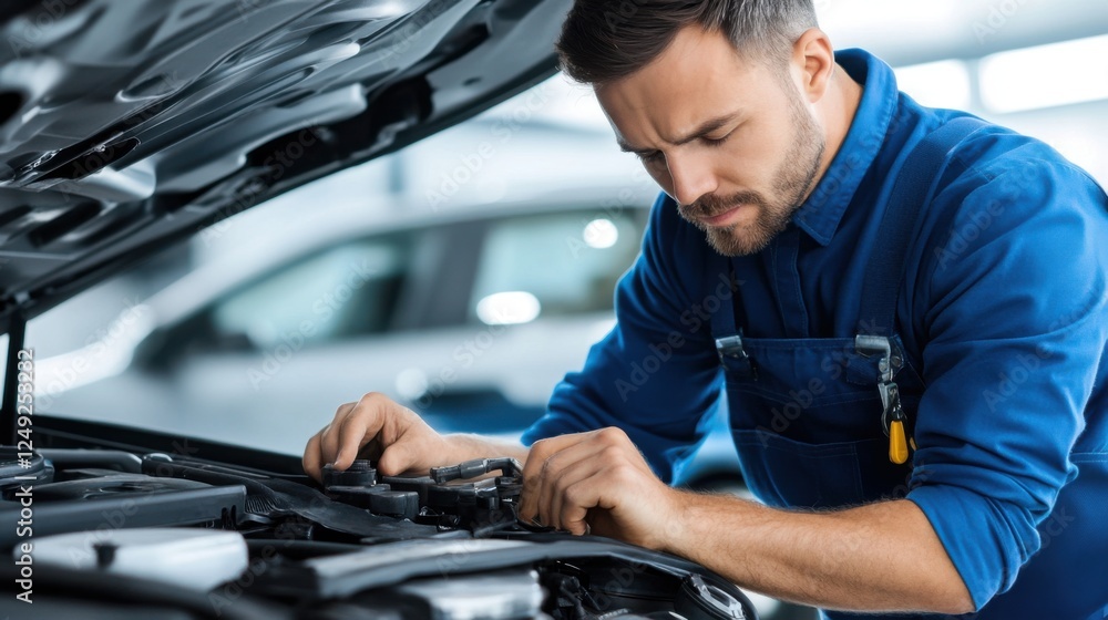 Poster mechanic working intently on car engine in modern automotive workshop setting