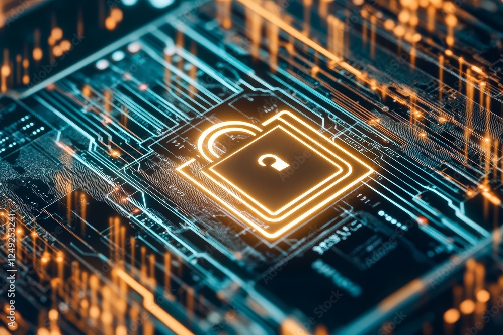 Poster digital lock icon on circuit board background for security concept