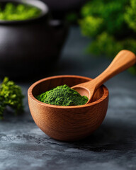 A wooden bowl filled with vibrant green powder sits against a dark background, surrounded by greenery, suggesting a natural or herbal theme.