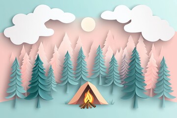 A serene paper-cut landscape featuring a tent, campfire, and pine trees under a pastel sky.