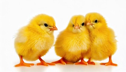 Fototapeta premium Cute yellow chicks gathered together in a playful pose on a white background
