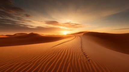 A picturesque sunset casts golden hues over rippling sand dunes, creating serene patterns and marking footprints that lead into the vast expanse of the desert.
