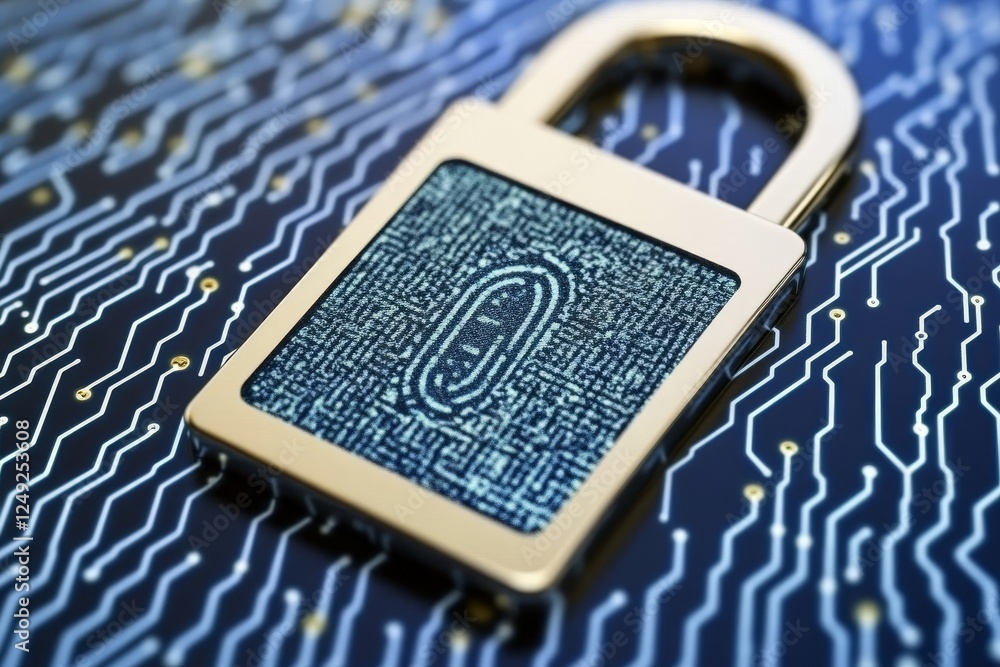 Poster digital lock on circuitry background representing cybersecurity concepts