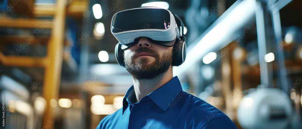 Poster engineer explores virtual reality technology in a high-tech industrial setting with futuristic vibes