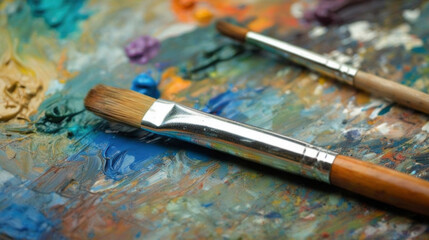 Obraz premium Two paintbrushes lying on a colorful artist's palette covered with mixed oil or acrylic paints in various shades of blue, orange, and yellow.