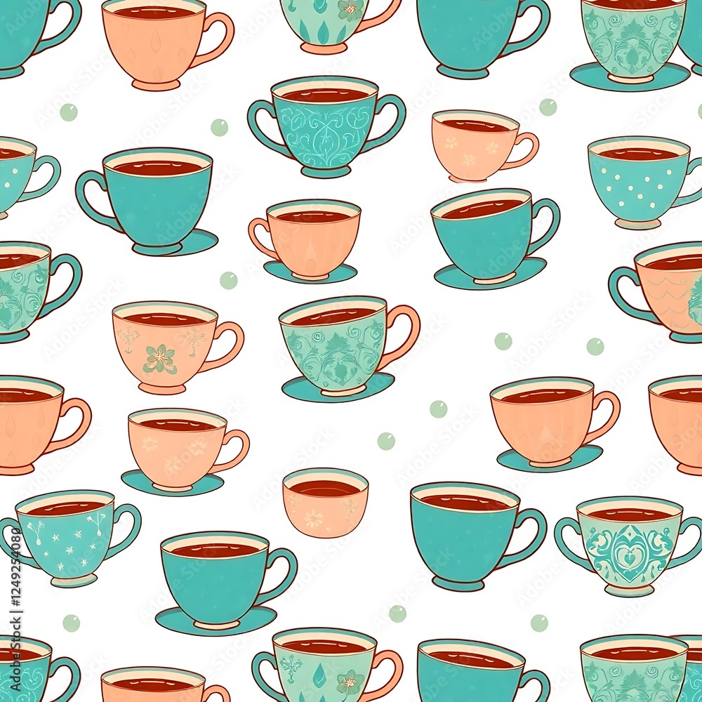 Poster teacup pattern: a delightful seamless pattern featuring an array of charming teacups in various past