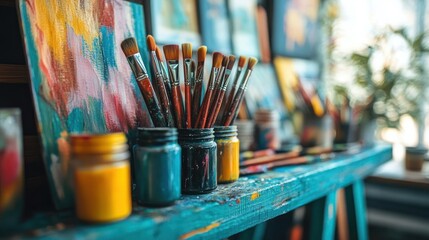 Colorful Art Studio Scene with Brushes, Paint, and Artistic Expression