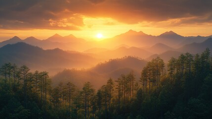 Majestic sunset over misty mountain range, forest foreground