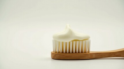A toothbrush with a dollop of toothpaste on it. The toothpaste is white and the toothbrush is wooden