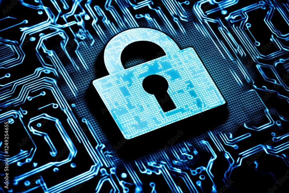 Aufkleber digital lock symbol on circuit board background representing security