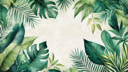 Tropical leaves frame with vibrant green foliage light background