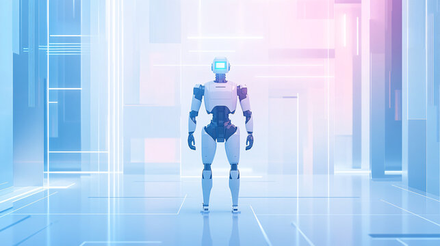a humanoid robot with glowing blue lights standing in a futuristic digital corridor with neon reflections representing artificial intelligence
