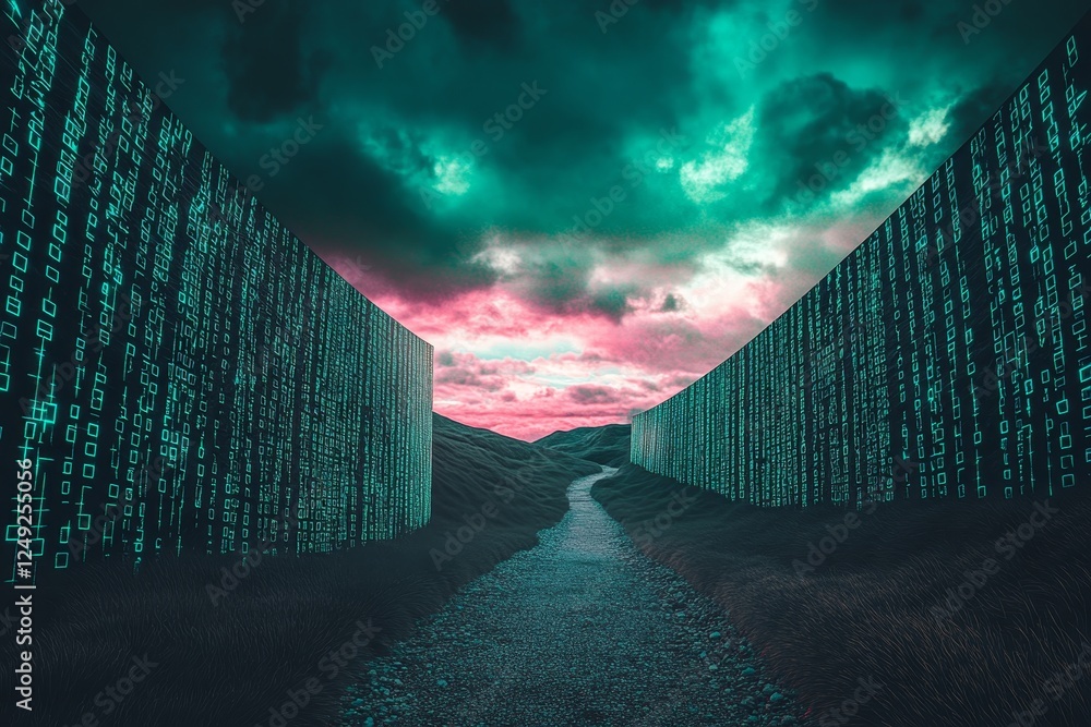 Poster digital pathway surrounded by binary code in a dark landscape