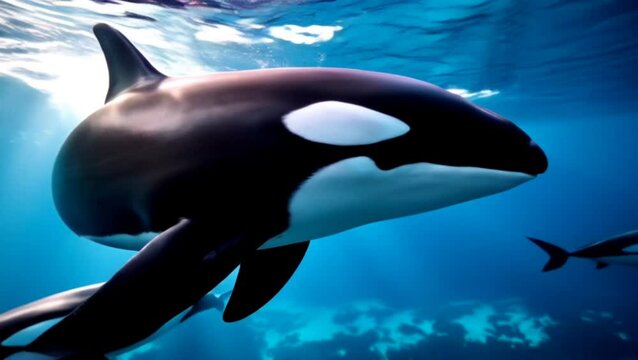 Orca swimming gracefully underwater in clear blue ocean, showcasing marine life and natural beauty
