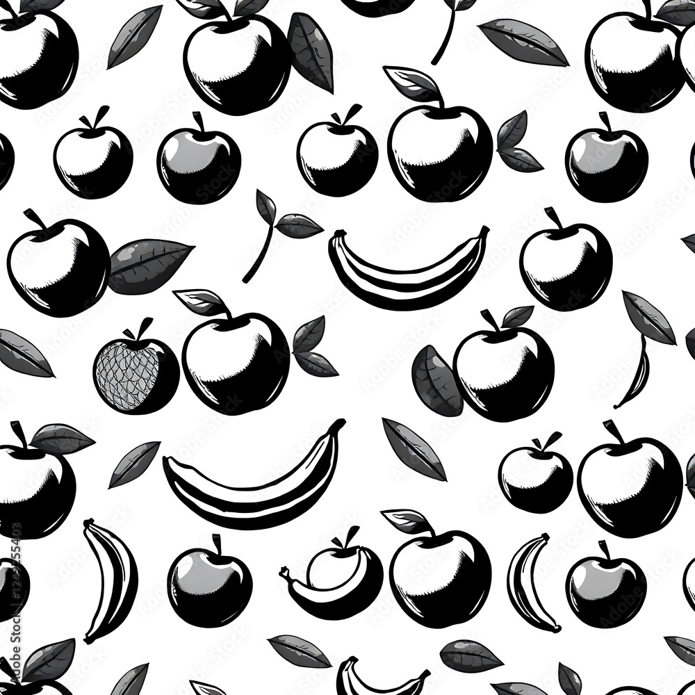 Poster monochrome fruit pattern: a seamless pattern featuring black and white illustrations of apples and b