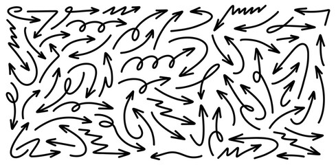 Hand drawn arrows collection Set simple flat arrows isolated on white background. Arrow mark icons and arrow paint. Stock vector. EPS10.