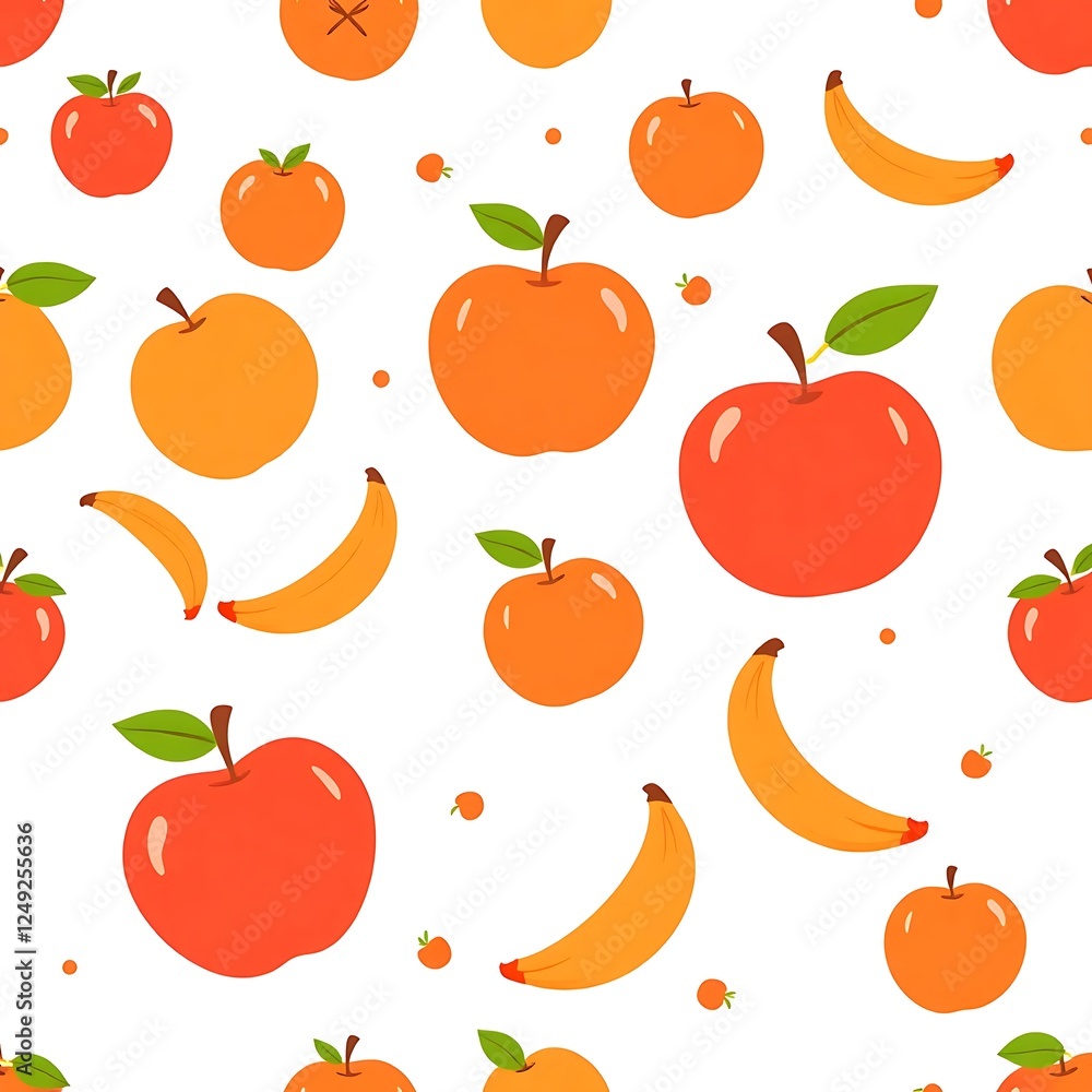 Poster fruity delight: a vibrant and playful seamless pattern featuring apples, bananas, and oranges in a c