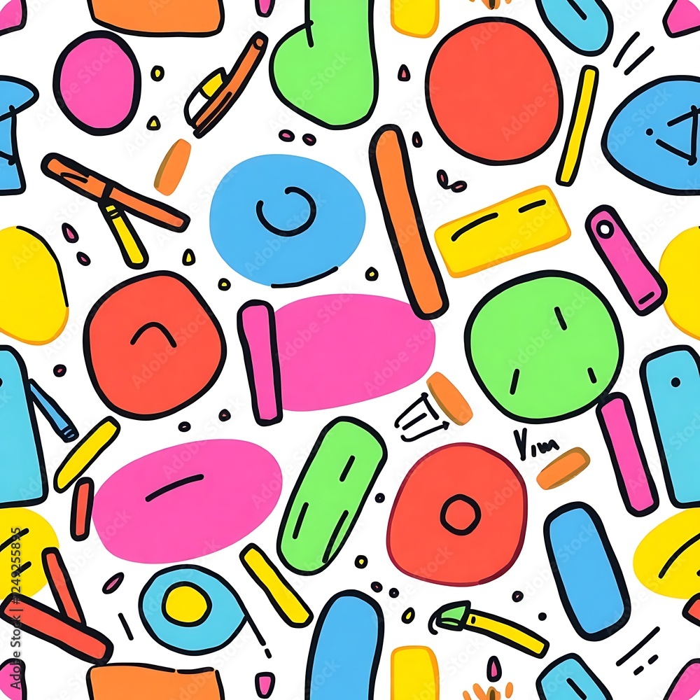 Poster vibrant doodle pattern: a playful and energetic seamless pattern featuring a collection of colorful 