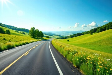 Asphalt ribbon unfurls through verdant hills under a brilliant summer sky, a picturesque journey beckoning onward