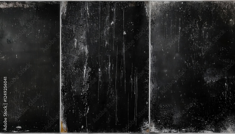 Poster abstract black triptych texture with distressed surface patterns for minimalist art, wall decor, or 