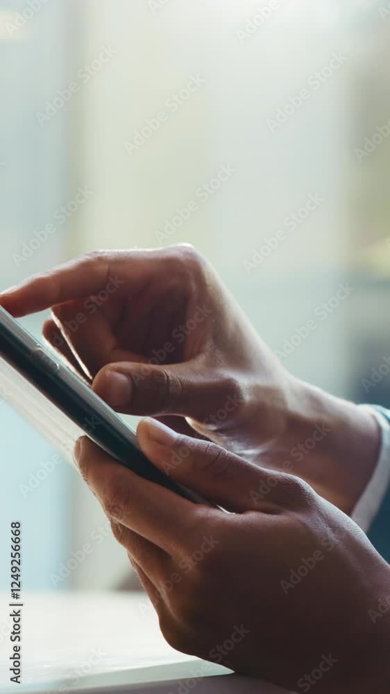 Poster tablet, search and hands of business person in office for email response, connection and client feed