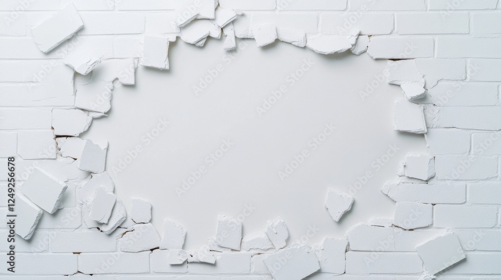 Poster broken white brick wall with large hole creating unique background for creative design and artwork c